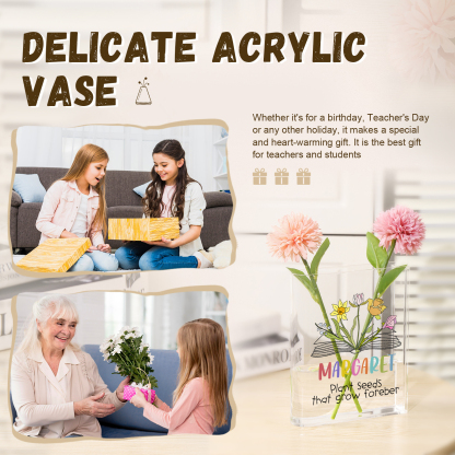 Ornamento in acrilico a forma di libro personalizzato con 5 fiori di nascita e 1 nome e 1 testo anche usato come un vaso 