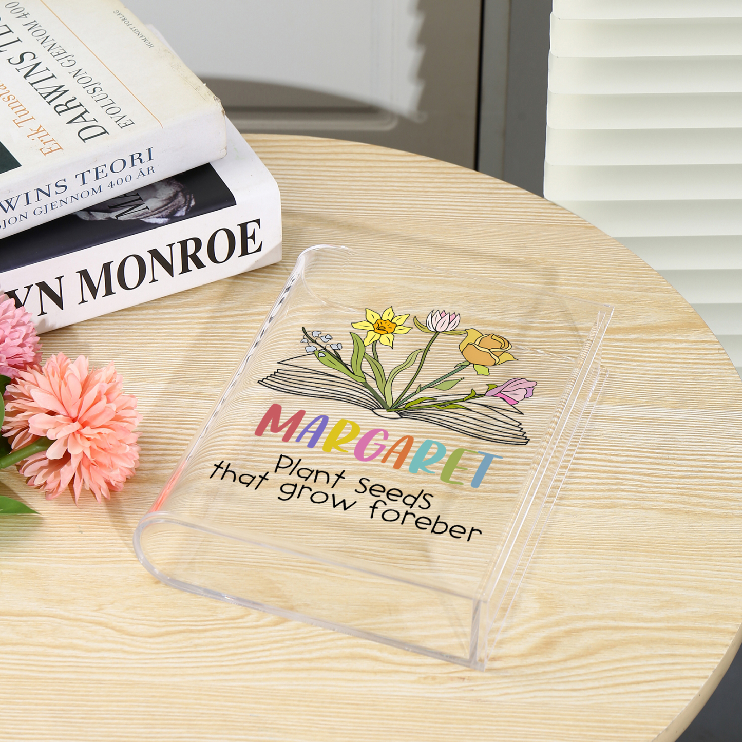 Ornamento in acrilico a forma di libro personalizzato con 5 fiori di nascita e 1 nome e 1 testo anche usato come un vaso 