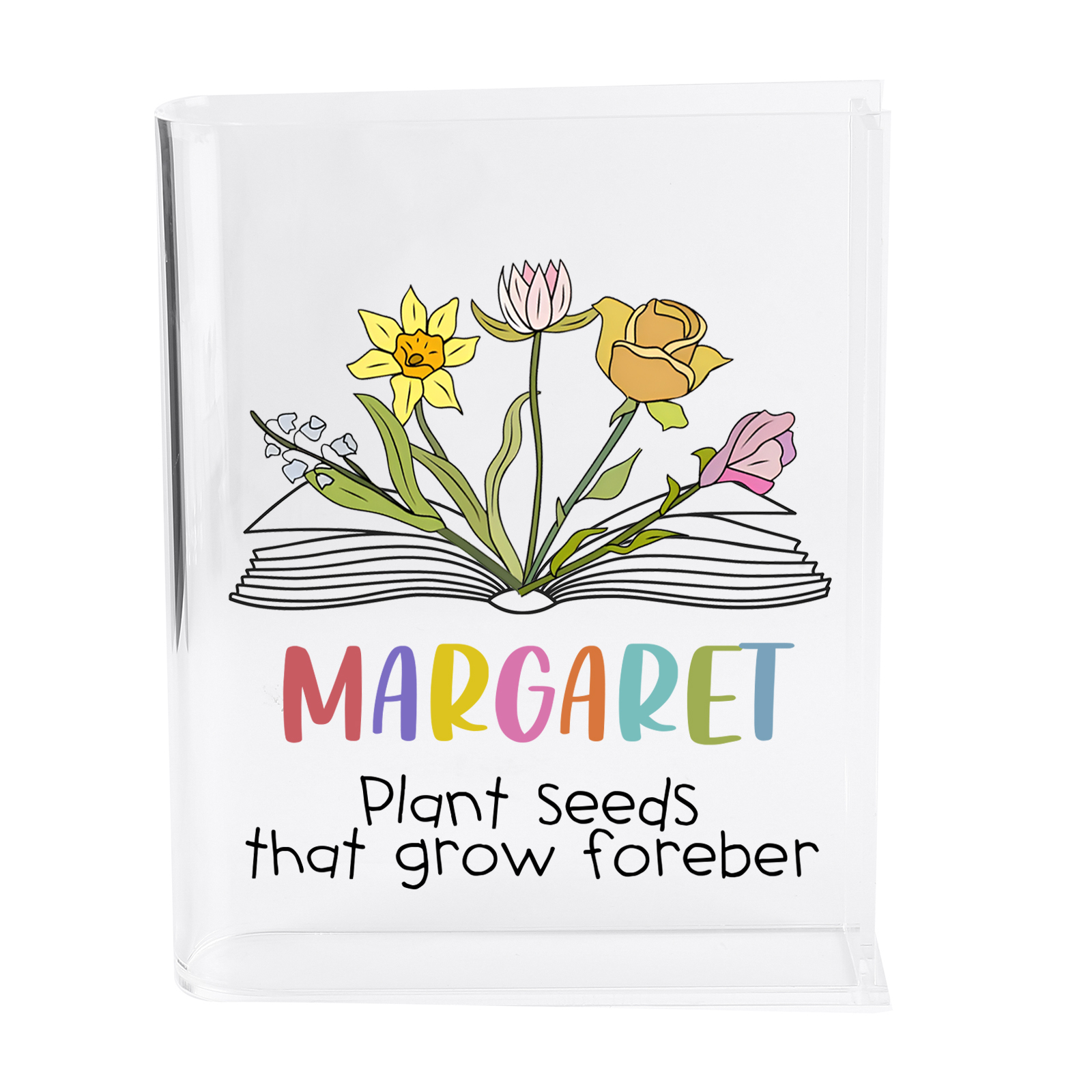 Ornamento in acrilico a forma di libro personalizzato con 5 fiori di nascita e 1 nome e 1 testo anche usato come un vaso 