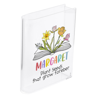Ornamento in acrilico a forma di libro personalizzato con 5 fiori di nascita e 1 nome e 1 testo anche usato come un vaso 