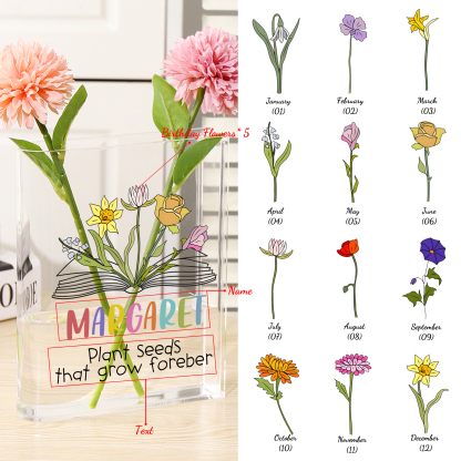 Ornamento in acrilico a forma di libro personalizzato con 5 fiori di nascita e 1 nome e 1 testo anche usato come un vaso 