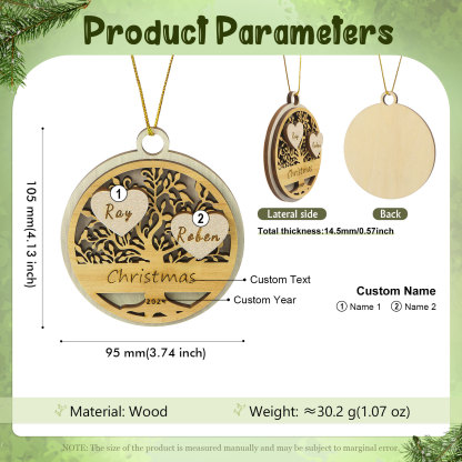 Decorazione Natalizia in Legno Personalizzata 2-6 Nomi, Testo e Data- Albero della Vita Tondo -  Regalo per la Famiglia | Jessemade