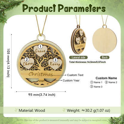 Decorazione Natalizia in Legno Personalizzata 2-6 Nomi, Testo e Data- Albero della Vita Tondo -  Regalo per la Famiglia | Jessemade
