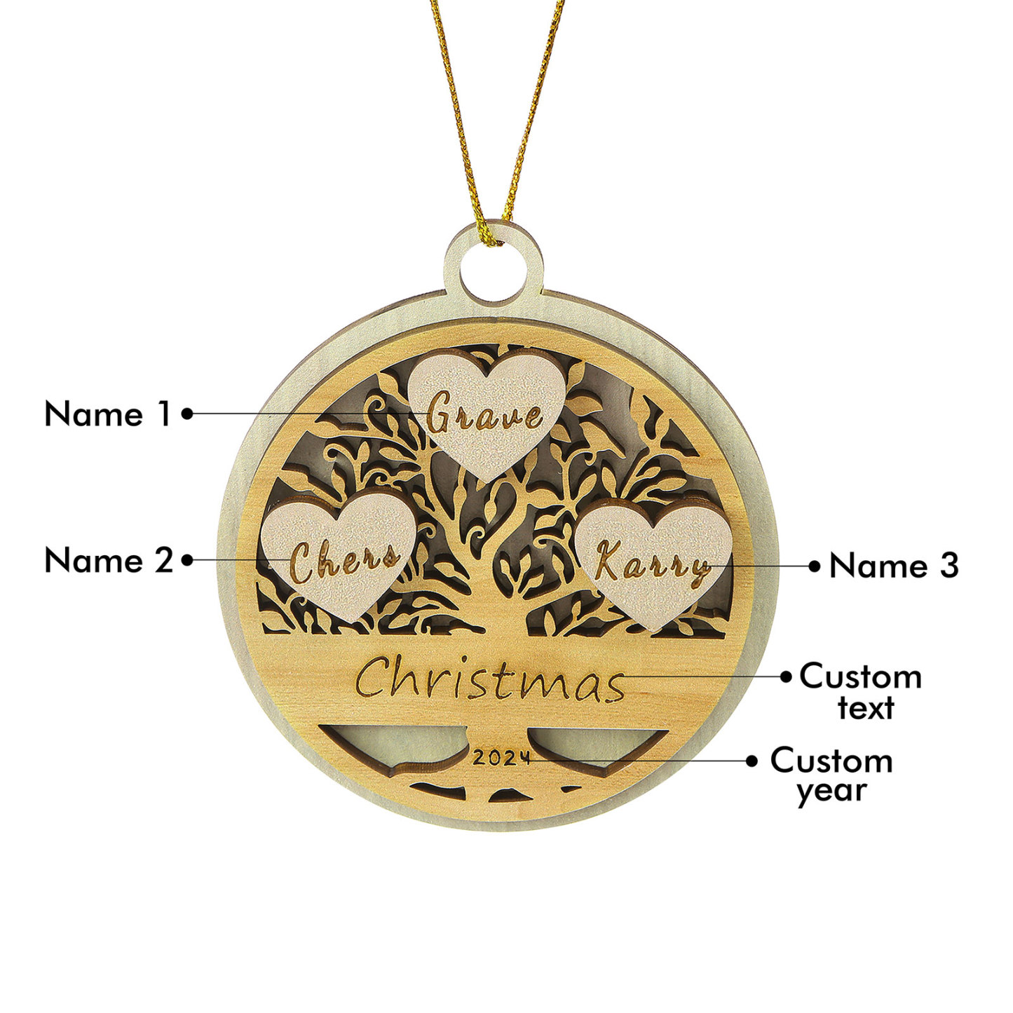 Decorazione Natalizia in Legno Personalizzata 2-6 Nomi, Testo e Data- Albero della Vita Tondo -  Regalo per la Famiglia | Jessemade