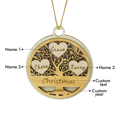 Decorazione Natalizia in Legno Personalizzata 2-6 Nomi, Testo e Data- Albero della Vita Tondo -  Regalo per la Famiglia | Jessemade