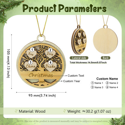 Decorazione Natalizia in Legno Personalizzata 2-6 Nomi, Testo e Data- Albero della Vita Tondo -  Regalo per la Famiglia | Jessemade