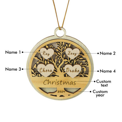 Decorazione Natalizia in Legno Personalizzata 2-6 Nomi, Testo e Data- Albero della Vita Tondo -  Regalo per la Famiglia | Jessemade