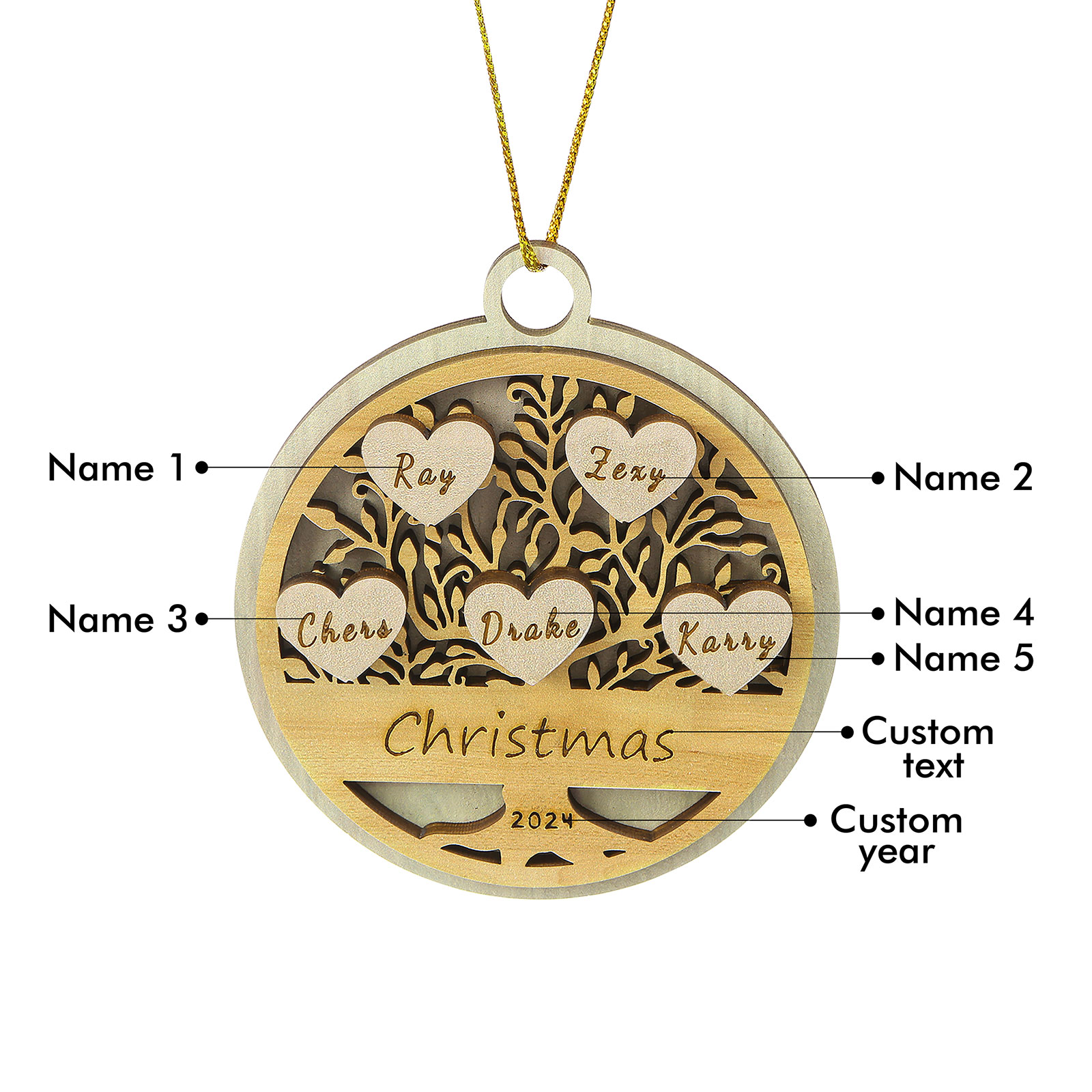 Decorazione Natalizia in Legno Personalizzata 2-6 Nomi, Testo e Data- Albero della Vita Tondo -  Regalo per la Famiglia | Jessemade