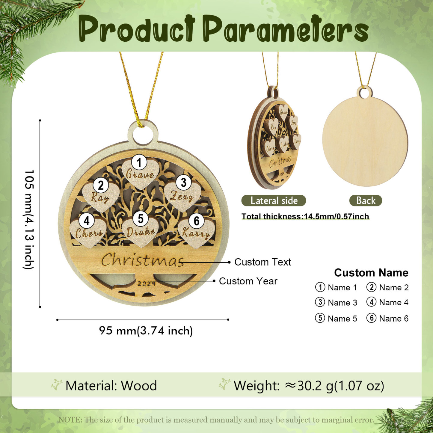 Decorazione Natalizia in Legno Personalizzata 2-6 Nomi, Testo e Data- Albero della Vita Tondo -  Regalo per la Famiglia | Jessemade