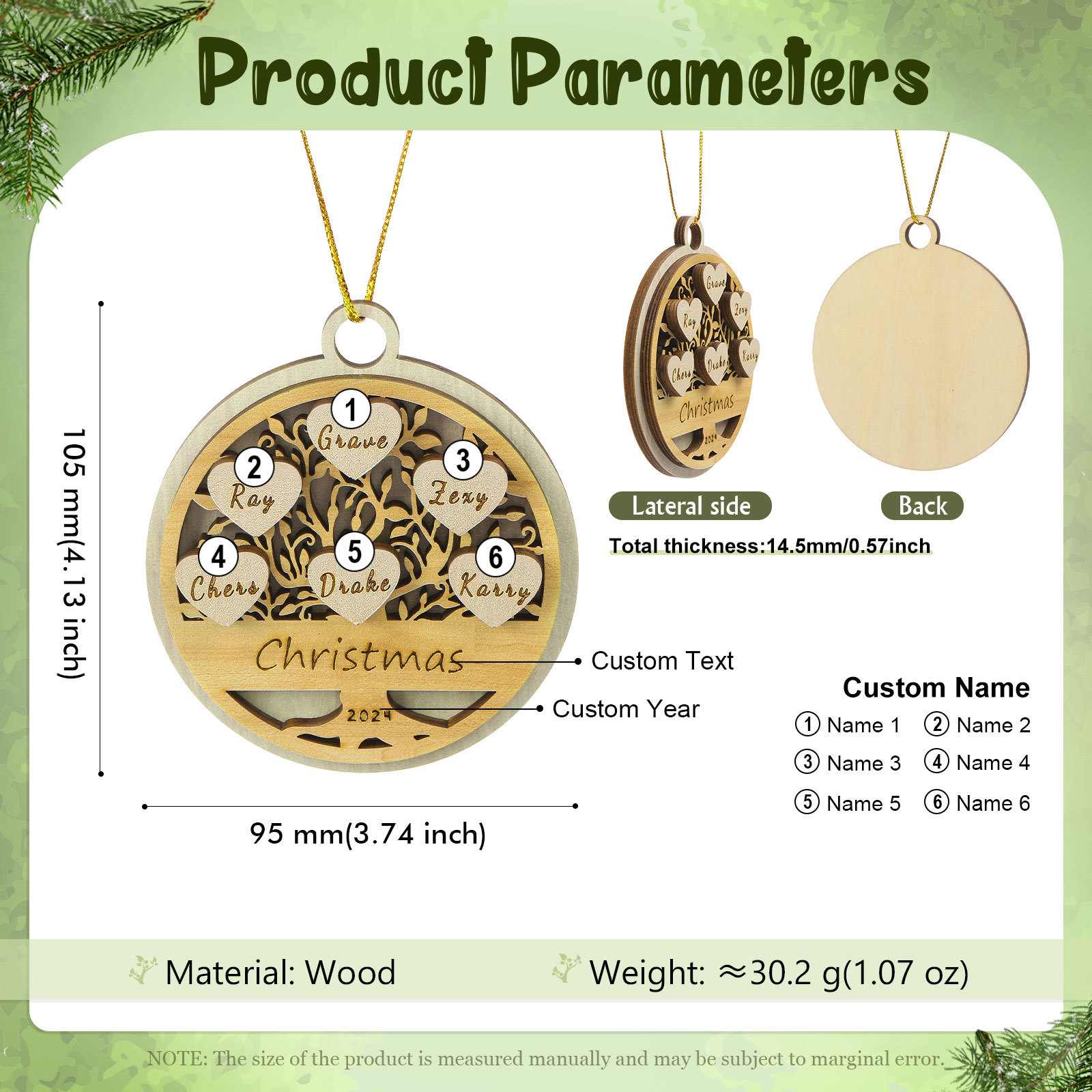 Decorazione Natalizia in Legno Personalizzata 2-6 Nomi, Testo e Data- Albero della Vita Tondo -  Regalo per la Famiglia | Jessemade