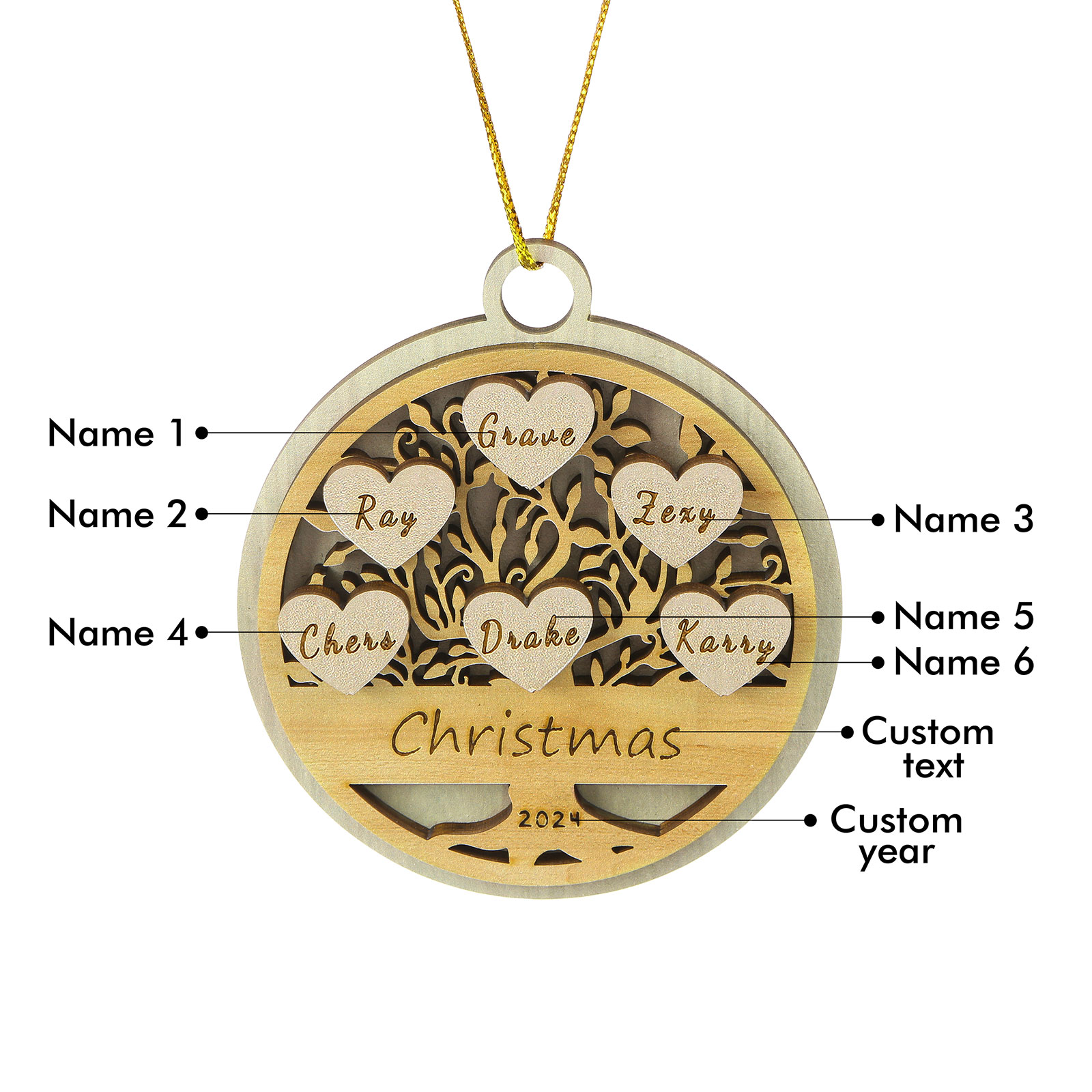 Decorazione Natalizia in Legno Personalizzata 2-6 Nomi, Testo e Data- Albero della Vita Tondo -  Regalo per la Famiglia | Jessemade