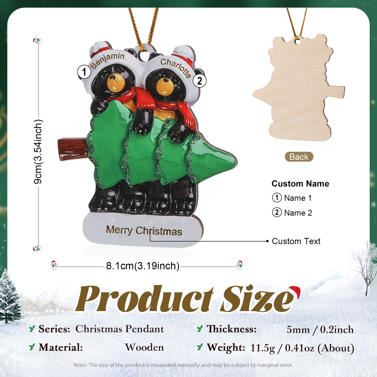 Decorazione Natalizia Personalizzata in Legno con Orsi Neri - 2 Nomi e Testo Personalizzati con Design Albero di Natale, Regalo di Natale per Famiglia | Jessemade