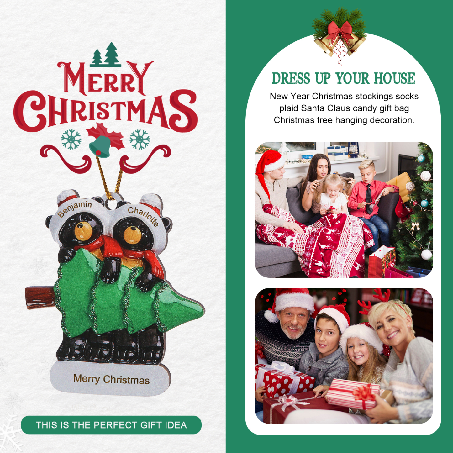 Decorazione Natalizia Personalizzata in Legno con Orsi Neri - 2 Nomi e Testo Personalizzati con Design Albero di Natale, Regalo di Natale per Famiglia | Jessemade