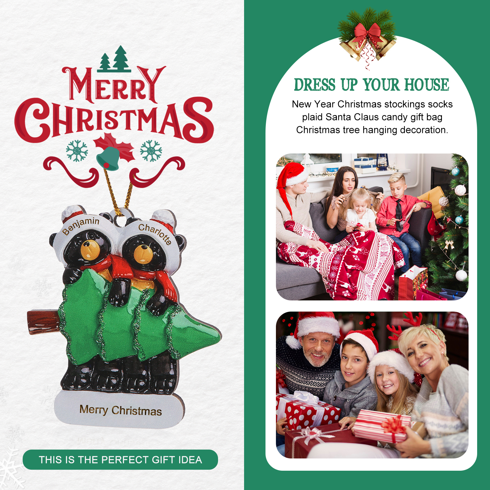 Decorazione Natalizia Personalizzata in Legno con Orsi Neri - 2 Nomi e Testo Personalizzati con Design Albero di Natale, Regalo di Natale per Famiglia | Jessemade