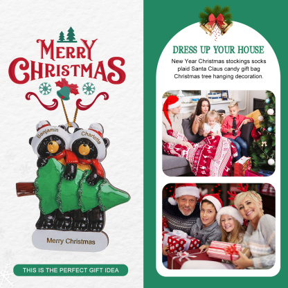 Decorazione Natalizia Personalizzata in Legno con Orsi Neri - 2 Nomi e Testo Personalizzati con Design Albero di Natale, Regalo di Natale per Famiglia | Jessemade