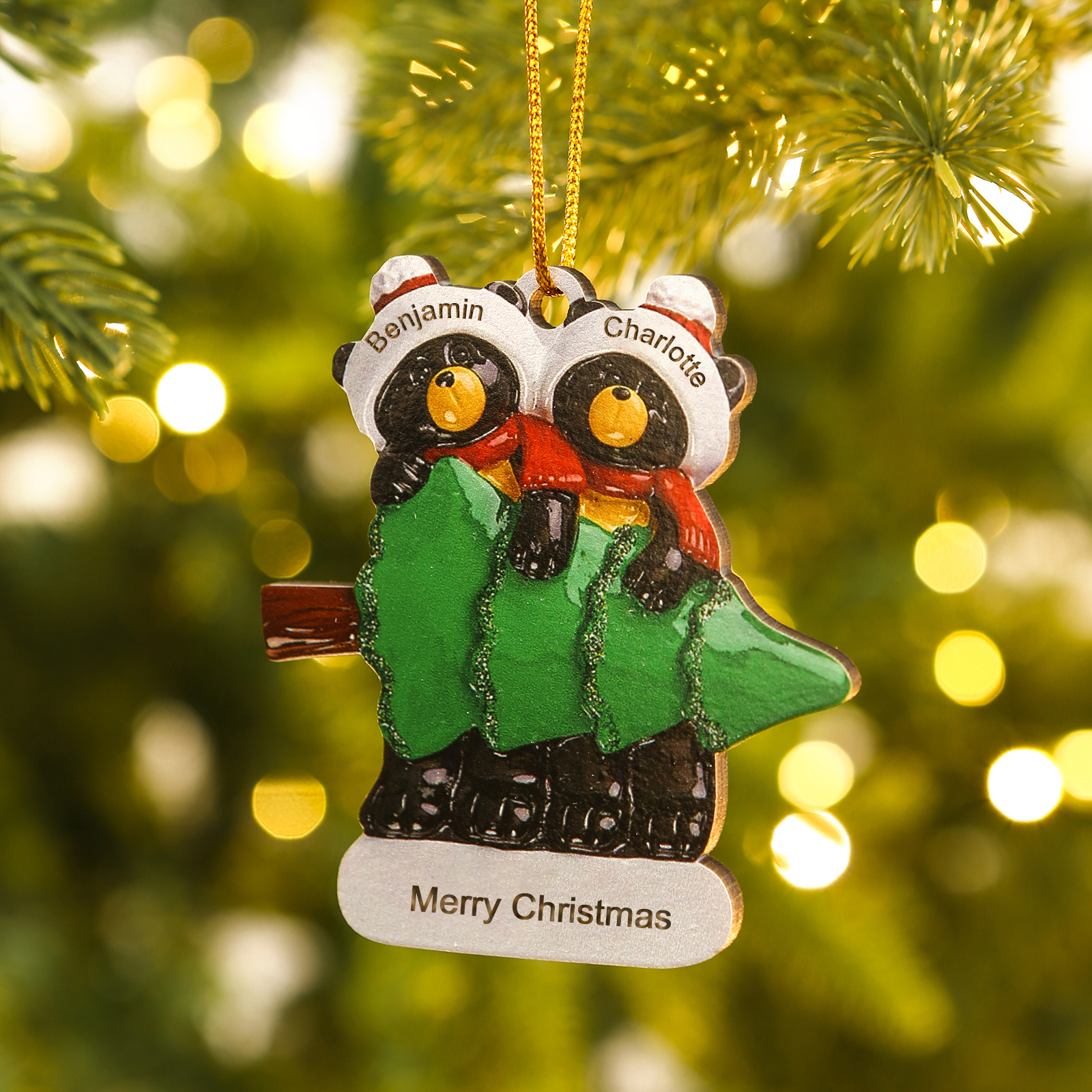 Decorazione Natalizia Personalizzata in Legno con Orsi Neri - 2 Nomi e Testo Personalizzati con Design Albero di Natale, Regalo di Natale per Famiglia | Jessemade