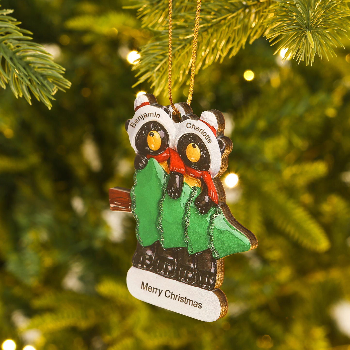 Decorazione Natalizia Personalizzata in Legno con Orsi Neri - 2 Nomi e Testo Personalizzati con Design Albero di Natale, Regalo di Natale per Famiglia | Jessemade