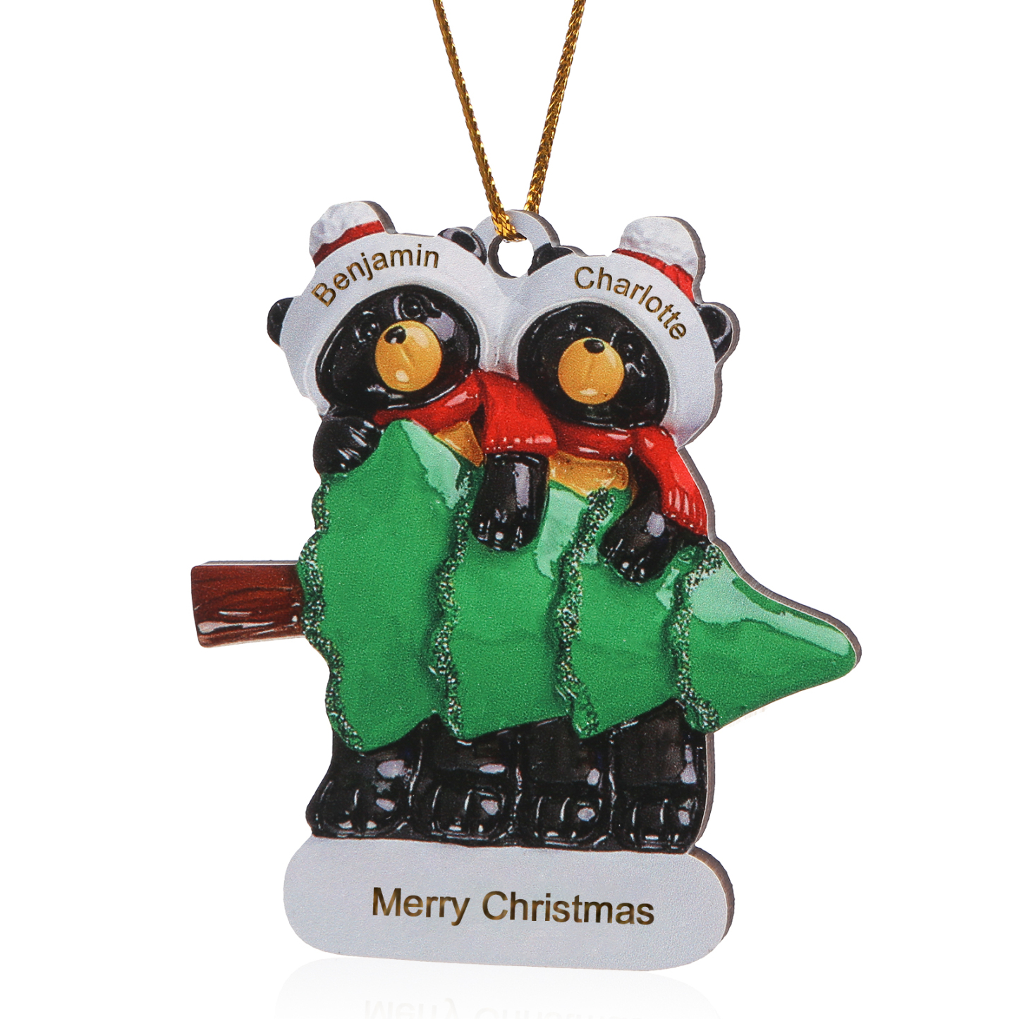 Decorazione Natalizia Personalizzata in Legno con Orsi Neri - 2 Nomi e Testo Personalizzati con Design Albero di Natale, Regalo di Natale per Famiglia | Jessemade