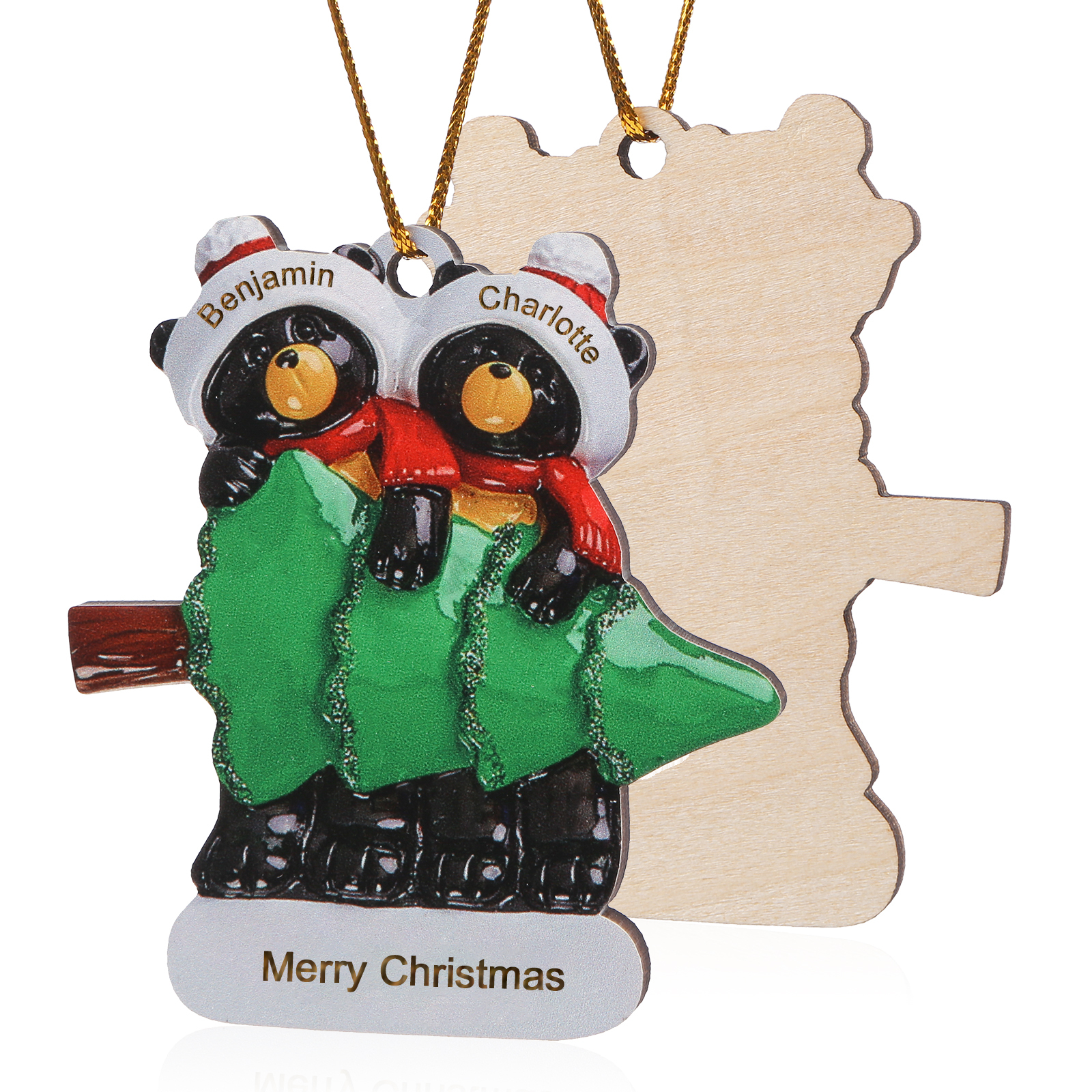 Decorazione Natalizia Personalizzata in Legno con Orsi Neri - 2 Nomi e Testo Personalizzati con Design Albero di Natale, Regalo di Natale per Famiglia | Jessemade