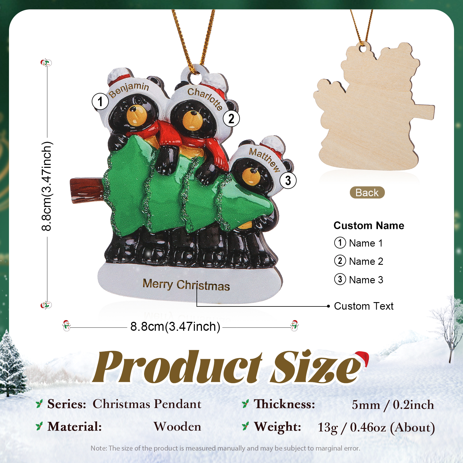 Decorazione Natalizia Personalizzata in Legno con Orsi Neri - 3 Nomi e Testo Personalizzati con Design Albero di Natale, Regalo di Natale per Famiglia | Jessemade