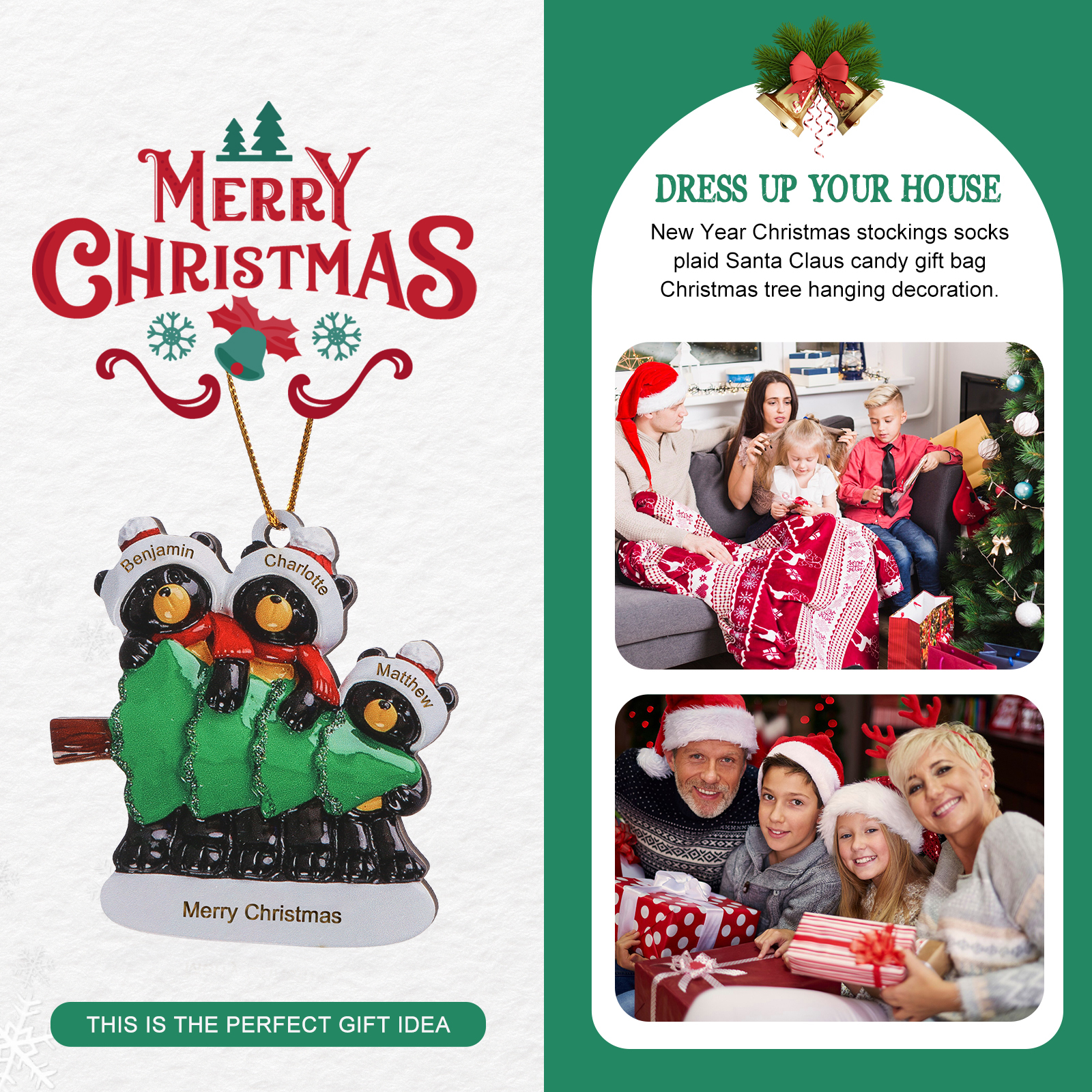 Decorazione Natalizia Personalizzata in Legno con Orsi Neri - 3 Nomi e Testo Personalizzati con Design Albero di Natale, Regalo di Natale per Famiglia | Jessemade