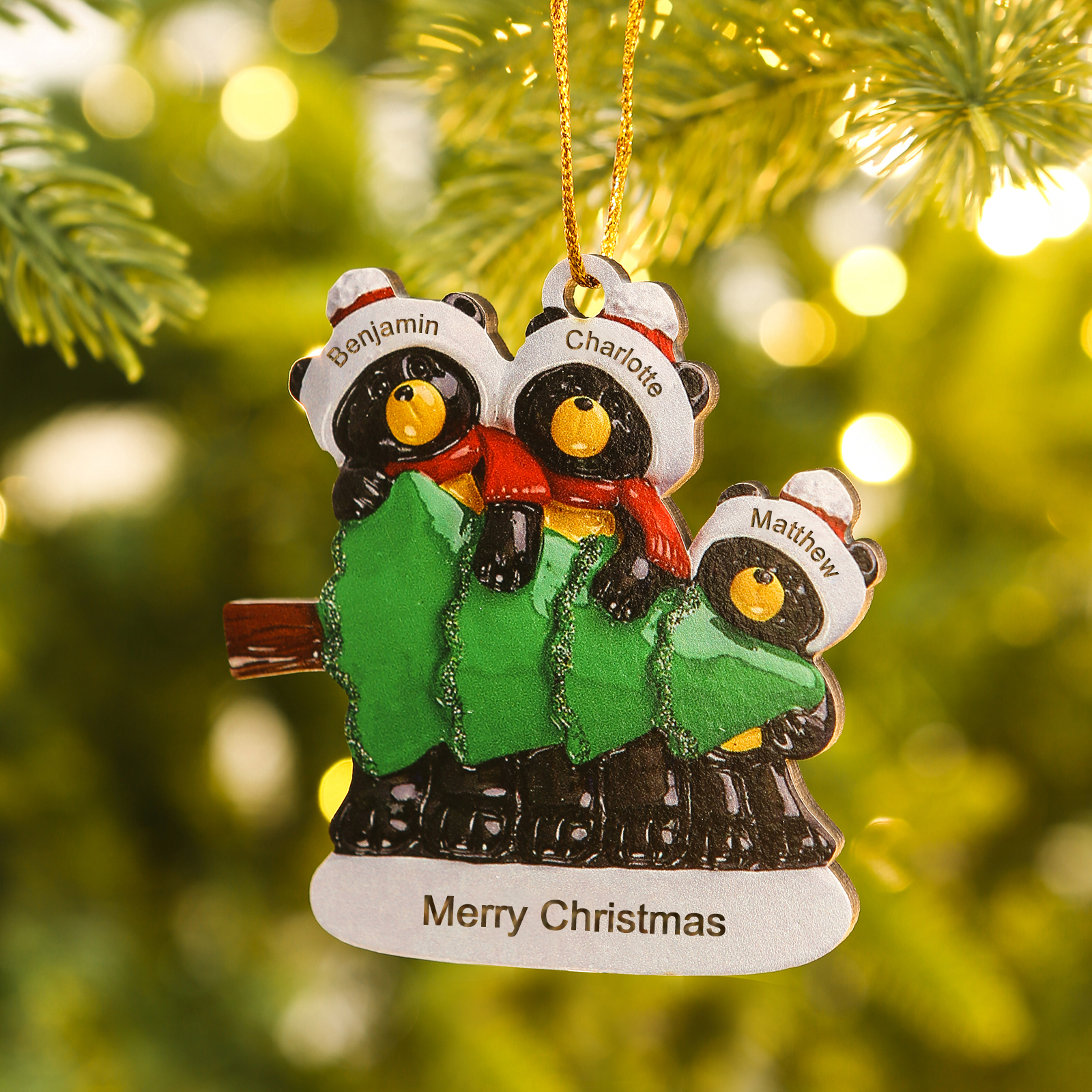 Decorazione Natalizia Personalizzata in Legno con Orsi Neri - 3 Nomi e Testo Personalizzati con Design Albero di Natale, Regalo di Natale per Famiglia | Jessemade