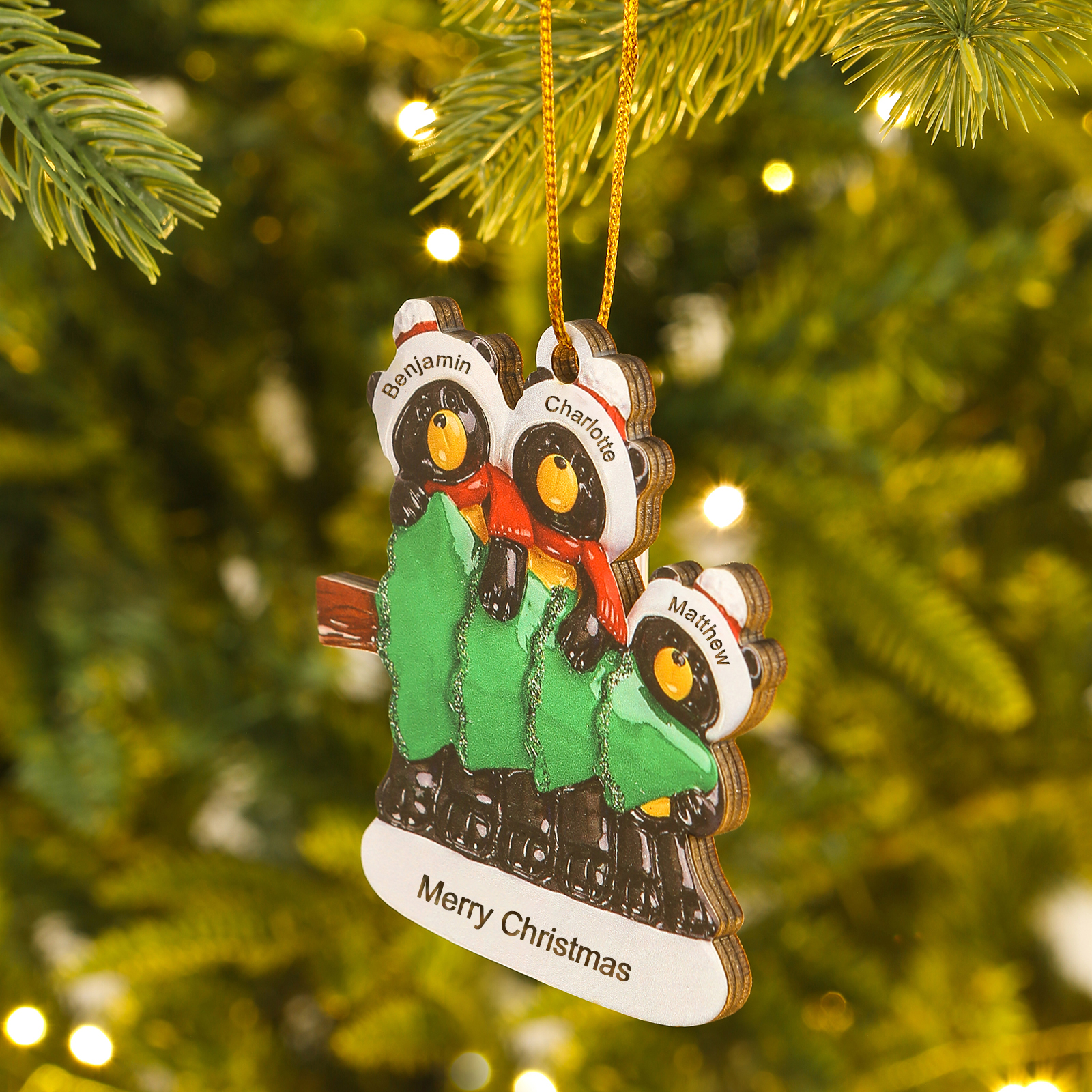 Decorazione Natalizia Personalizzata in Legno con Orsi Neri - 3 Nomi e Testo Personalizzati con Design Albero di Natale, Regalo di Natale per Famiglia | Jessemade