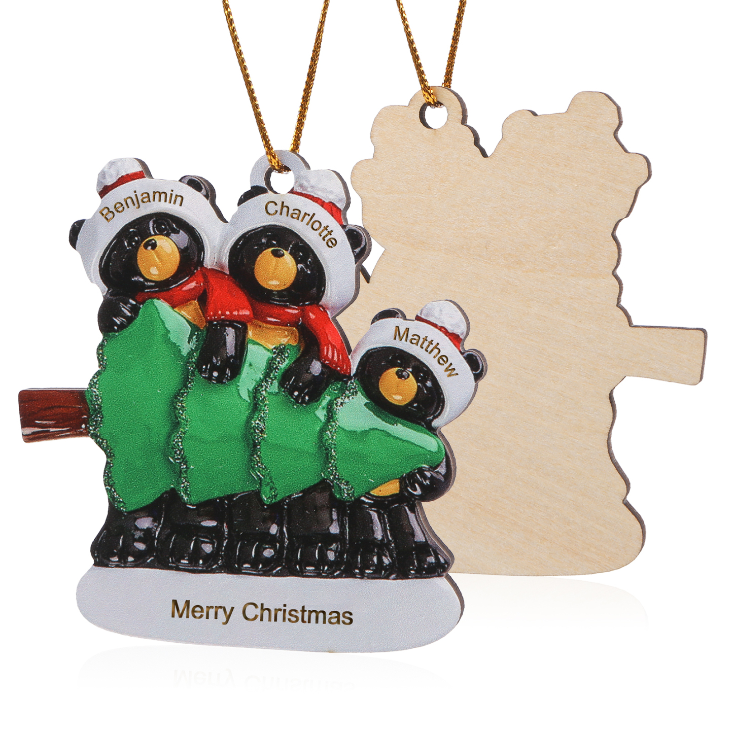 Decorazione Natalizia Personalizzata in Legno con Orsi Neri - 3 Nomi e Testo Personalizzati con Design Albero di Natale, Regalo di Natale per Famiglia | Jessemade