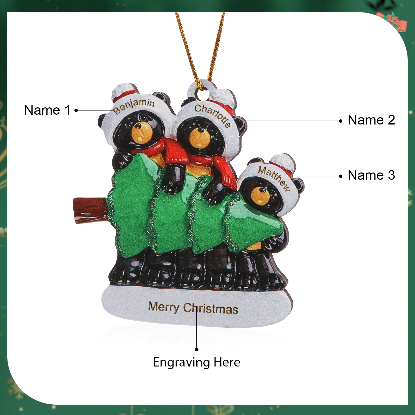 Decorazione Natalizia Personalizzata in Legno con Orsi Neri - 3 Nomi e Testo Personalizzati con Design Albero di Natale, Regalo di Natale per Famiglia | Jessemade