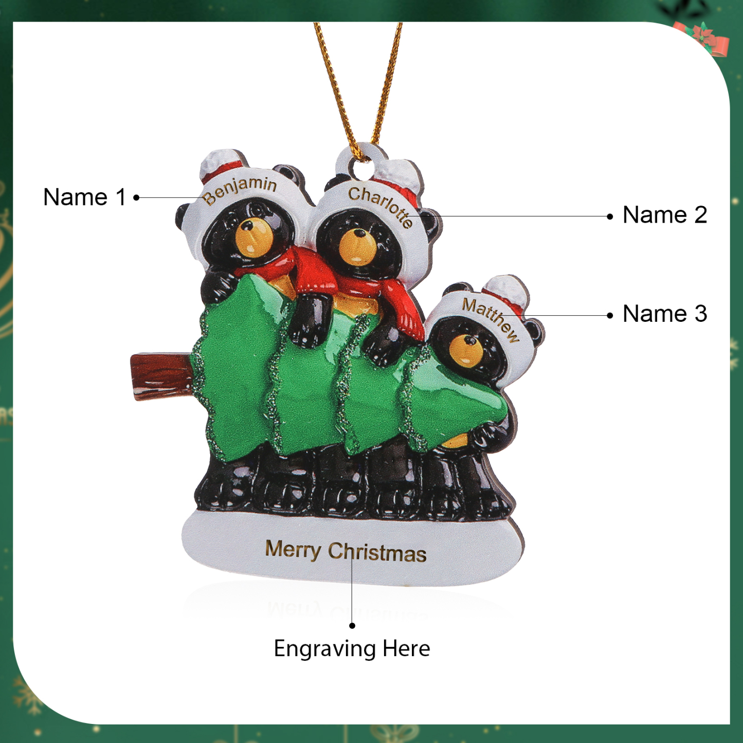 Decorazione Natalizia Personalizzata in Legno con Orsi Neri - 3 Nomi e Testo Personalizzati con Design Albero di Natale, Regalo di Natale per Famiglia | Jessemade