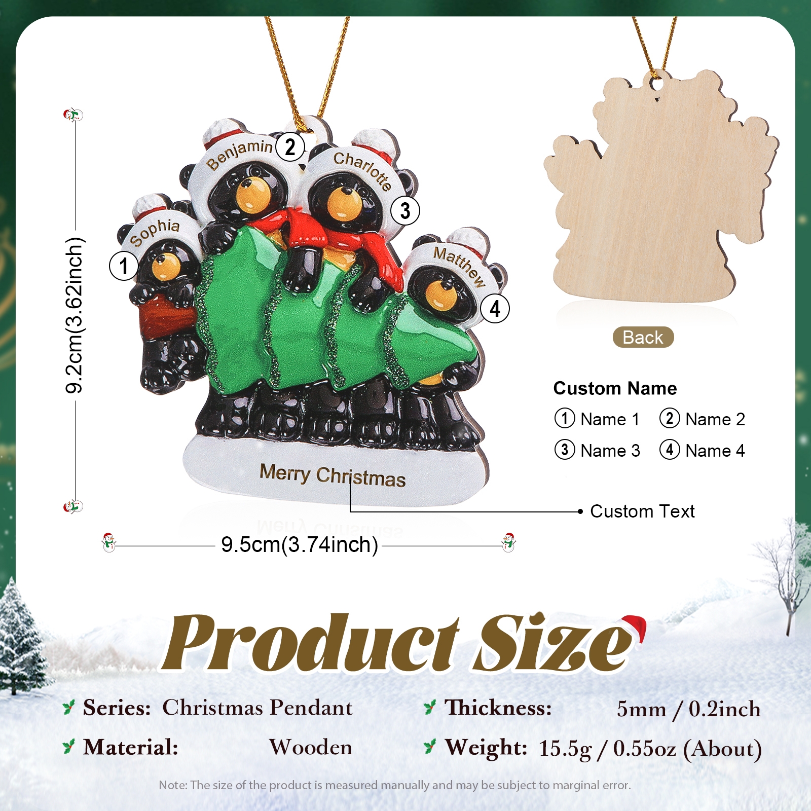 Decorazione Natalizia Personalizzata in Legno con Orsi Neri - 4 Nomi e Testo Personalizzati con Design Albero di Natale, Regalo di Natale per Famiglia | Jessemade