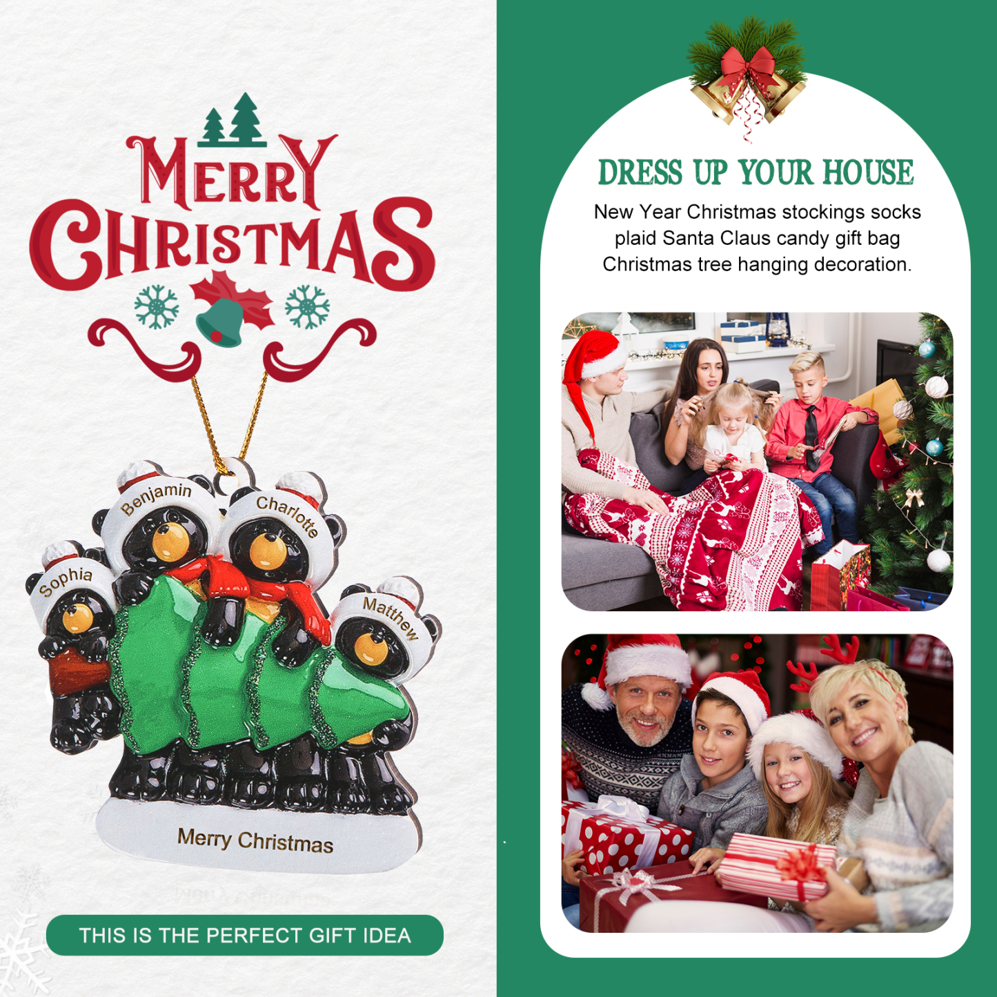 Decorazione Natalizia Personalizzata in Legno con Orsi Neri - 4 Nomi e Testo Personalizzati con Design Albero di Natale, Regalo di Natale per Famiglia | Jessemade