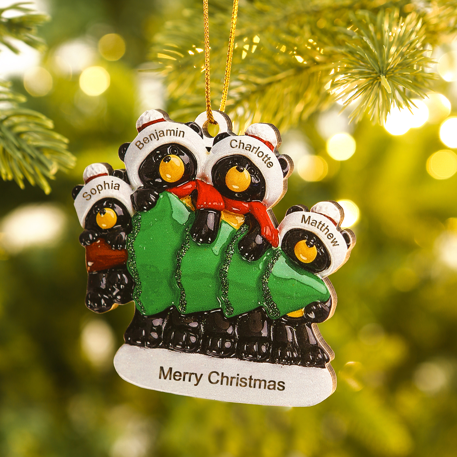 Decorazione Natalizia Personalizzata in Legno con Orsi Neri - 4 Nomi e Testo Personalizzati con Design Albero di Natale, Regalo di Natale per Famiglia | Jessemade