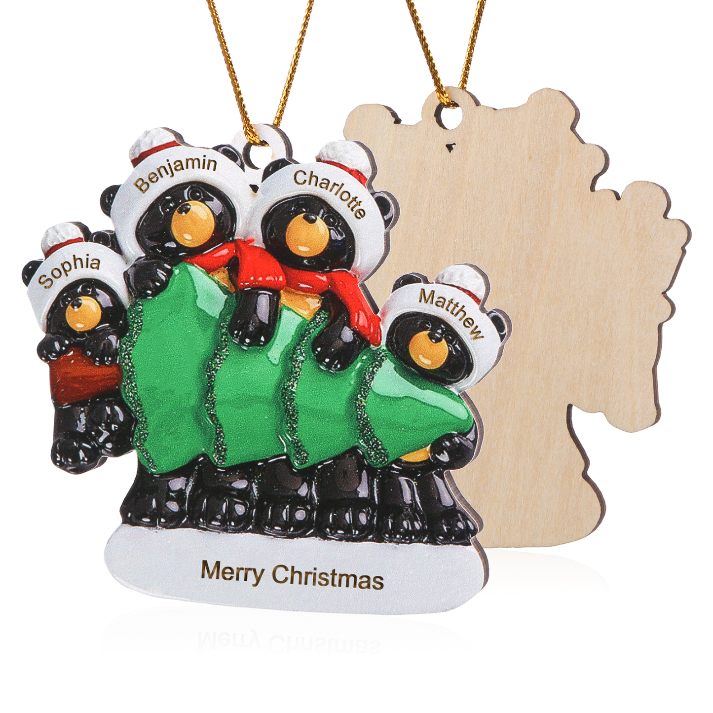 Decorazione Natalizia Personalizzata in Legno con Orsi Neri - 4 Nomi e Testo Personalizzati con Design Albero di Natale, Regalo di Natale per Famiglia | Jessemade