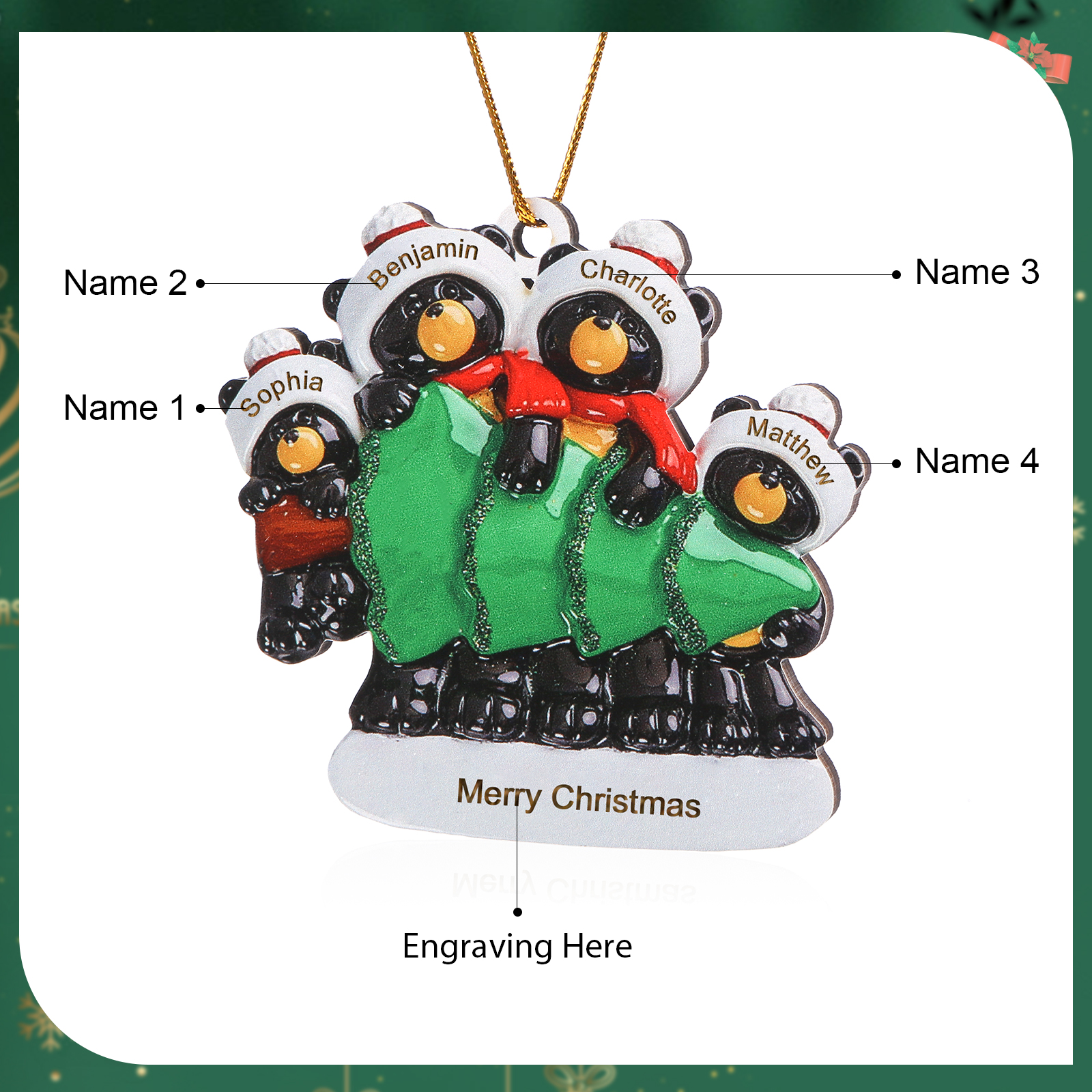 Decorazione Natalizia Personalizzata in Legno con Orsi Neri - 4 Nomi e Testo Personalizzati con Design Albero di Natale, Regalo di Natale per Famiglia | Jessemade