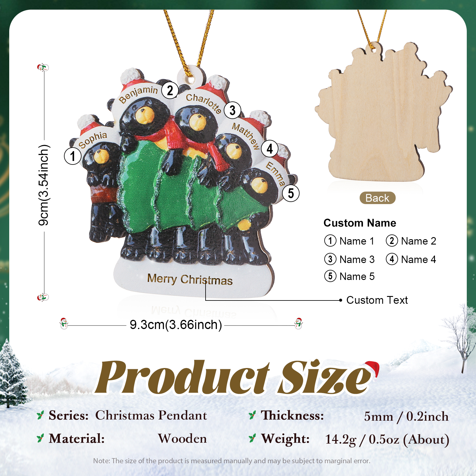 Decorazione Natalizia Personalizzata in Legno con Orsi Neri - 5 Nomi e Testo Personalizzati con Design Albero di Natale, Regalo di Natale per Famiglia | Jessemade