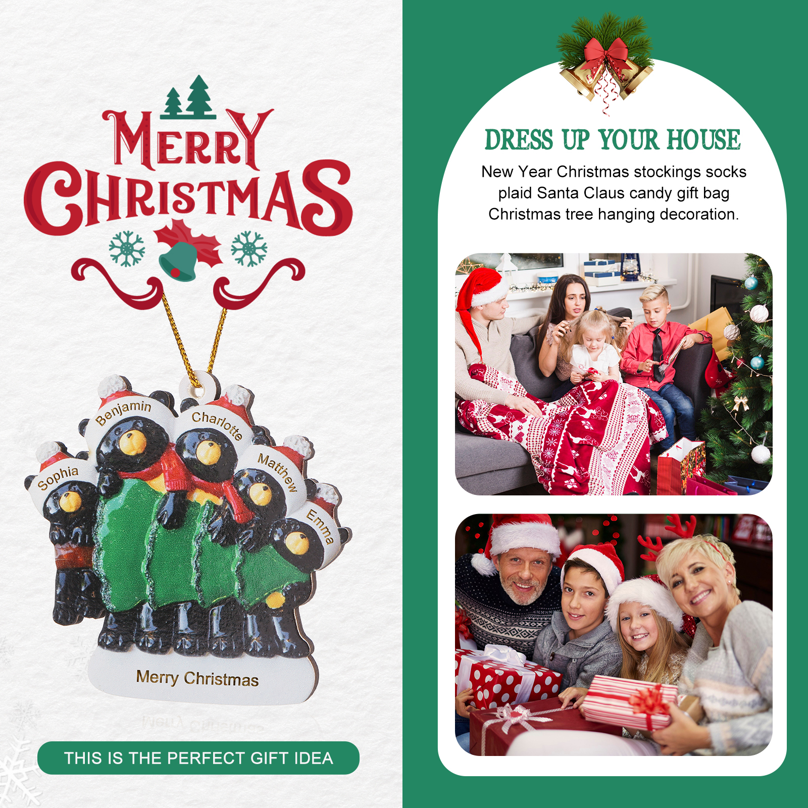 Decorazione Natalizia Personalizzata in Legno con Orsi Neri - 5 Nomi e Testo Personalizzati con Design Albero di Natale, Regalo di Natale per Famiglia | Jessemade