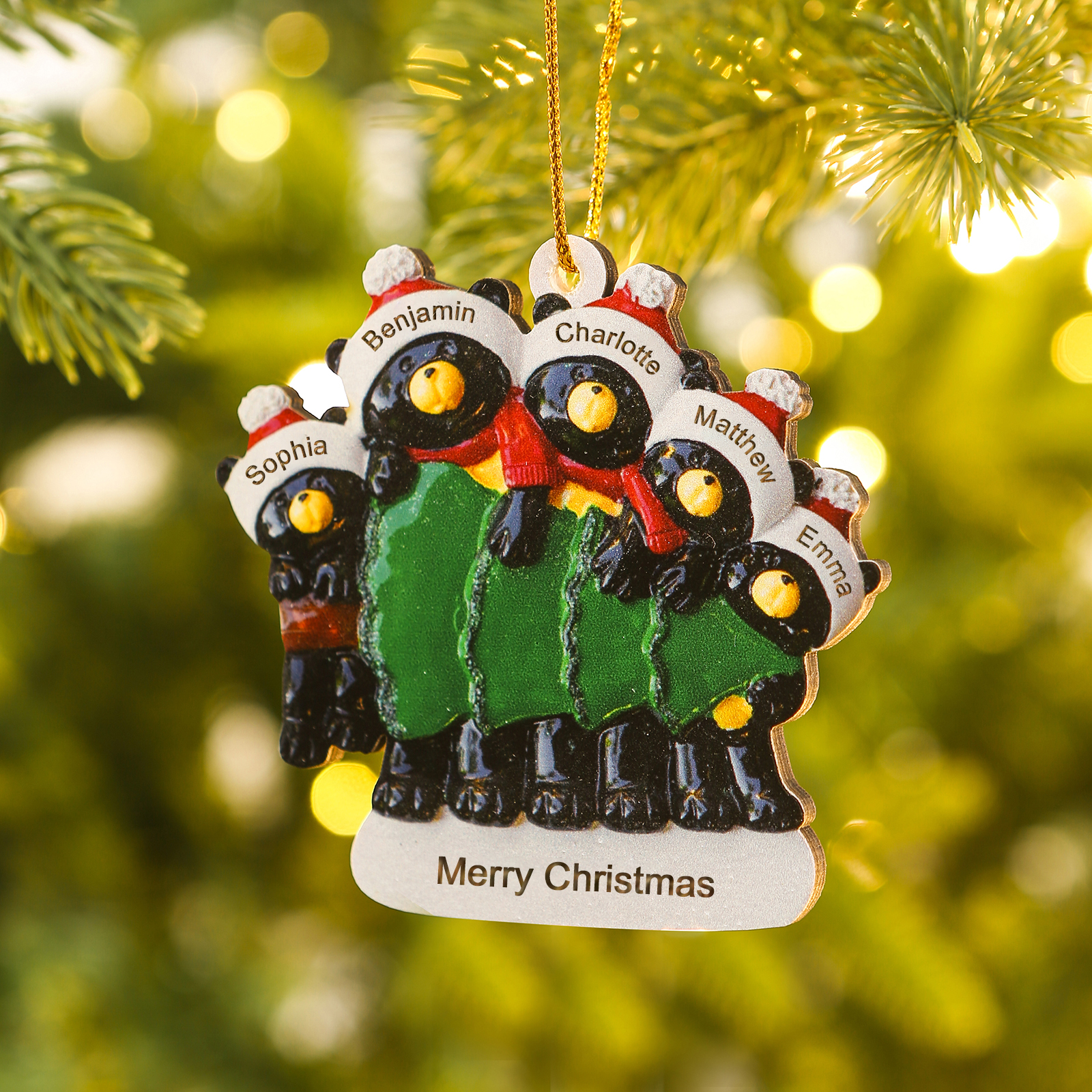 Decorazione Natalizia Personalizzata in Legno con Orsi Neri - 5 Nomi e