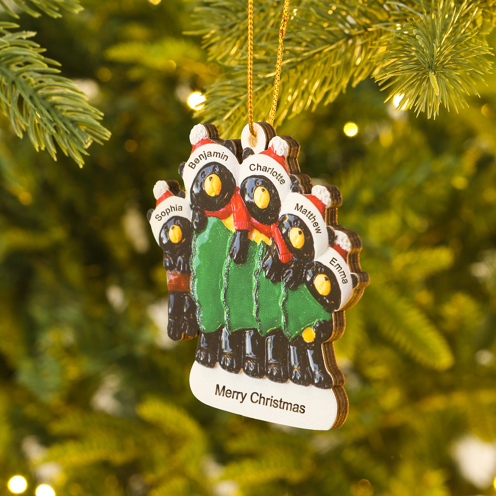 Decorazione Natalizia Personalizzata in Legno con Orsi Neri - 5 Nomi e Testo Personalizzati con Design Albero di Natale, Regalo di Natale per Famiglia | Jessemade