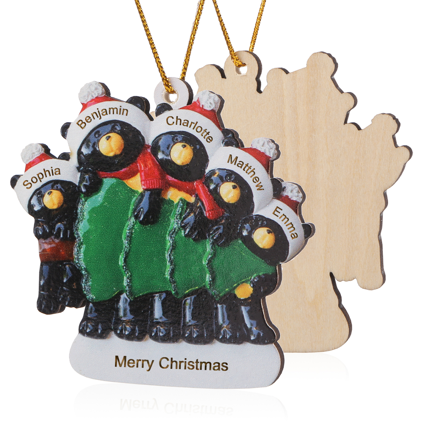 Decorazione Natalizia Personalizzata in Legno con Orsi Neri - 5 Nomi e Testo Personalizzati con Design Albero di Natale, Regalo di Natale per Famiglia | Jessemade