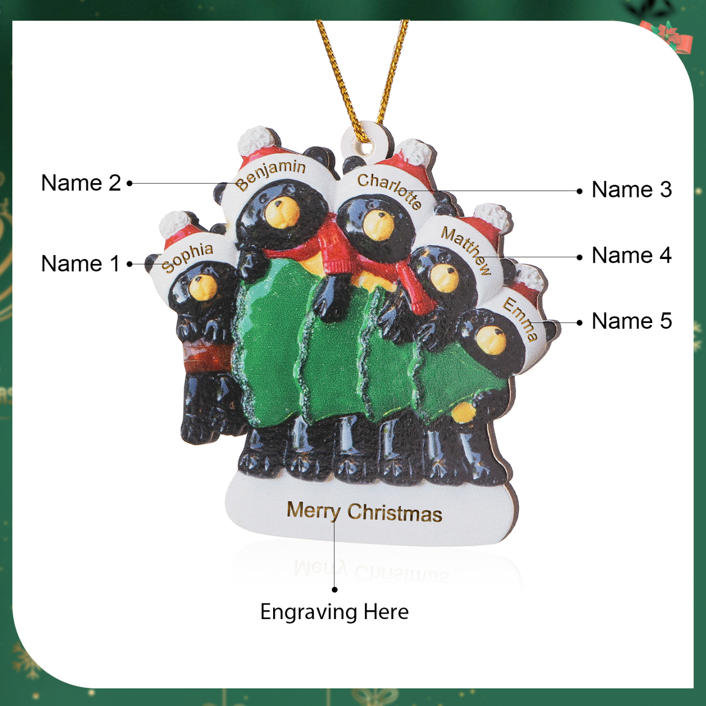 Decorazione Natalizia Personalizzata in Legno con Orsi Neri - 5 Nomi e Testo Personalizzati con Design Albero di Natale, Regalo di Natale per Famiglia | Jessemade