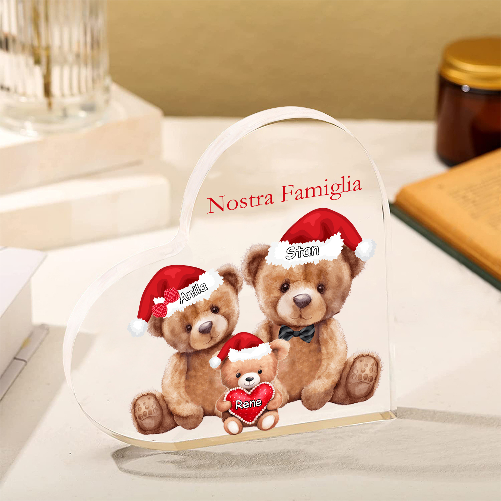 Nostra Famiglia Decorazione cuore acrilica con orsacchiotto Natale con 3 nomi e 1 testo personalizzati regalo per Natale