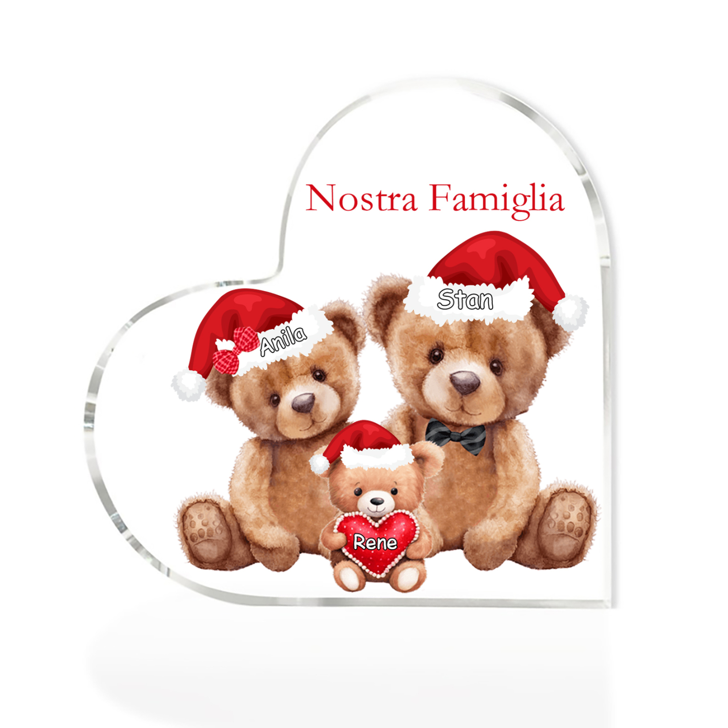 Nostra Famiglia Decorazione cuore acrilica con orsacchiotto Natale con 3 nomi e 1 testo personalizzati regalo per Natale