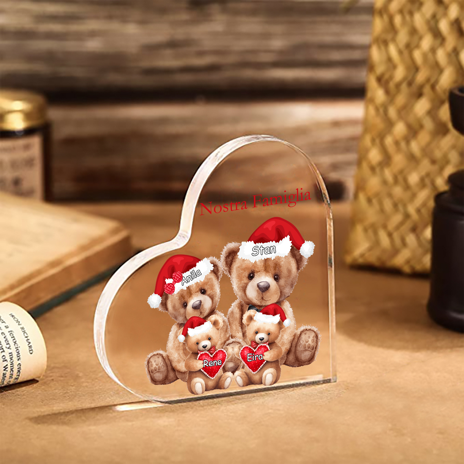 Nostra Famiglia Decorazione cuore acrilica con orsacchiotto Natale con 4 nomi e 1 testo personalizzati regalo per Natale
