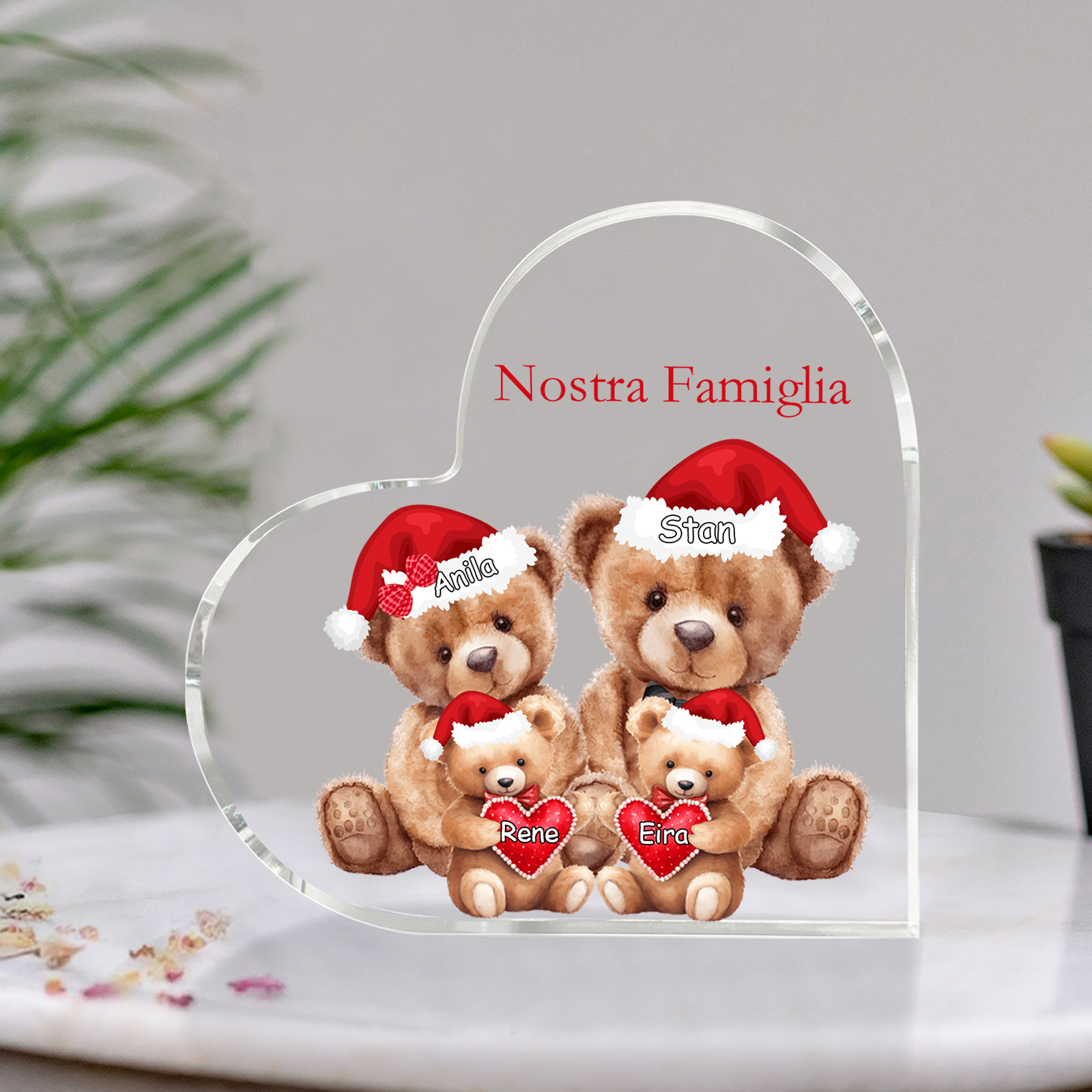 Nostra Famiglia Decorazione cuore acrilica con orsacchiotto Natale con 4 nomi e 1 testo personalizzati regalo per Natale