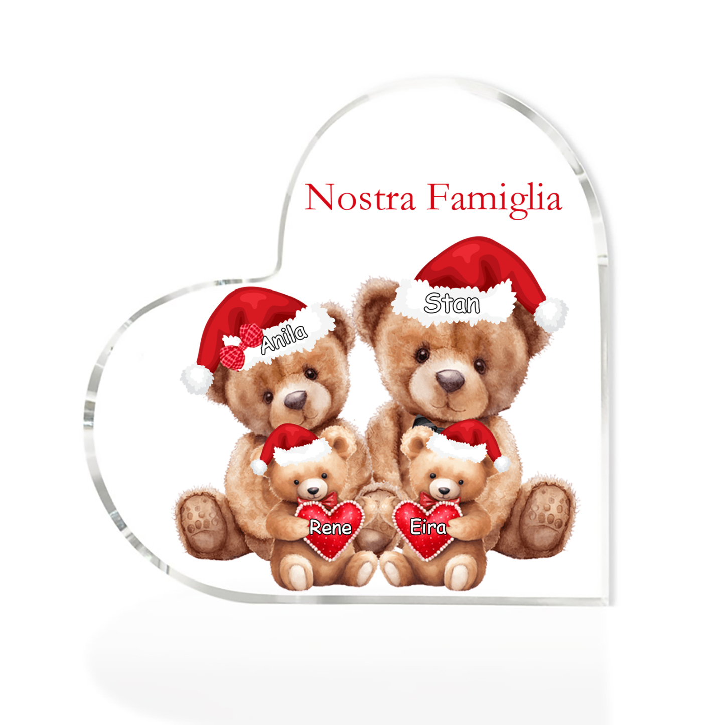 Nostra Famiglia Decorazione cuore acrilica con orsacchiotto Natale con 4 nomi e 1 testo personalizzati regalo per Natale