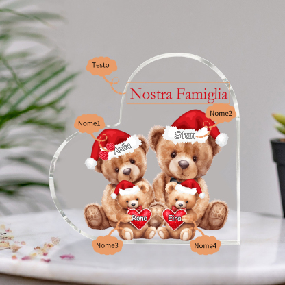 Nostra Famiglia Decorazione cuore acrilica con orsacchiotto Natale con 4 nomi e 1 testo personalizzati regalo per Natale