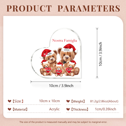Nostra Famiglia Decorazione cuore acrilica con orsacchiotto Natale con 5 nomi e 1 testo personalizzati regalo per Natale