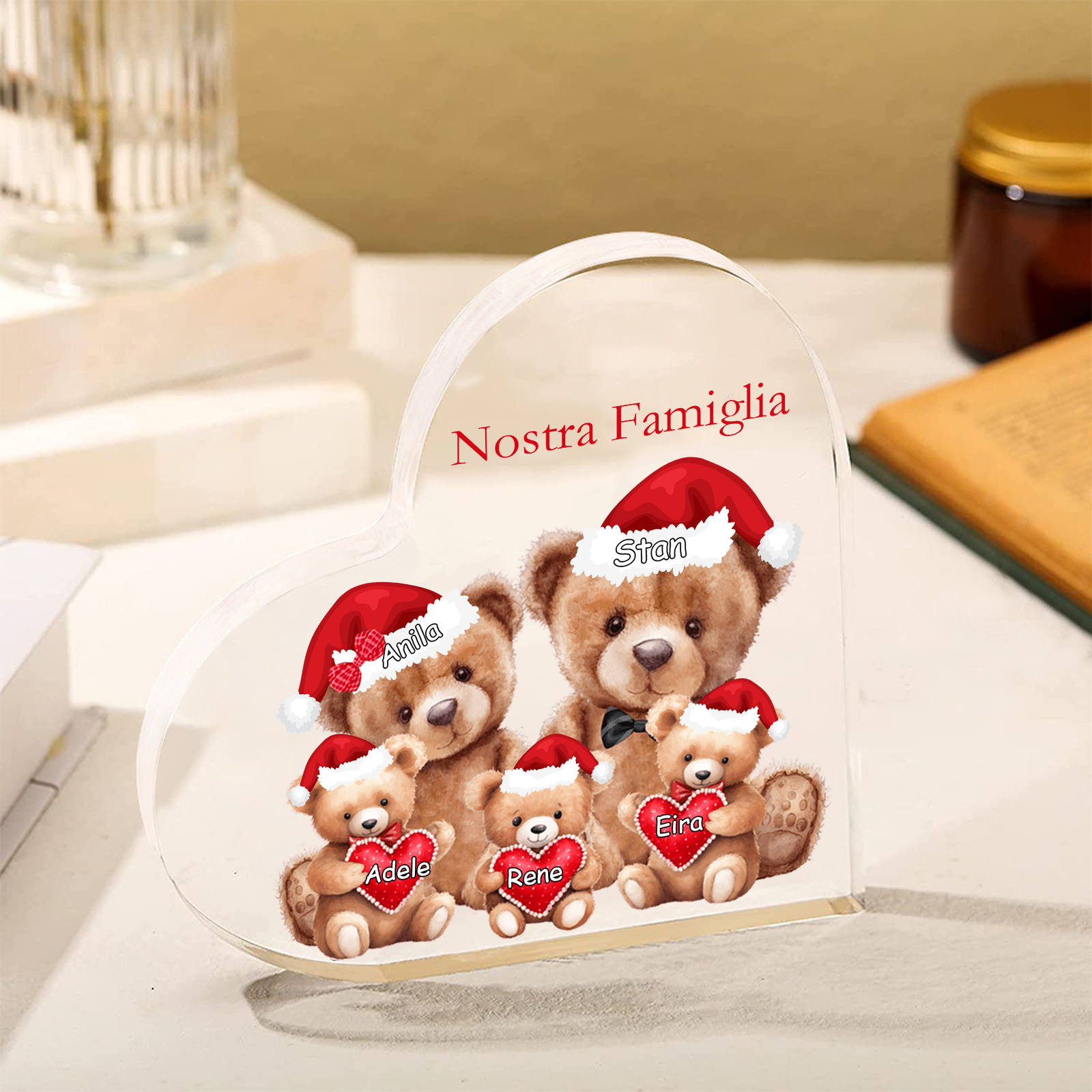 Nostra Famiglia Decorazione cuore acrilica con orsacchiotto Natale con 5 nomi e 1 testo personalizzati regalo per Natale