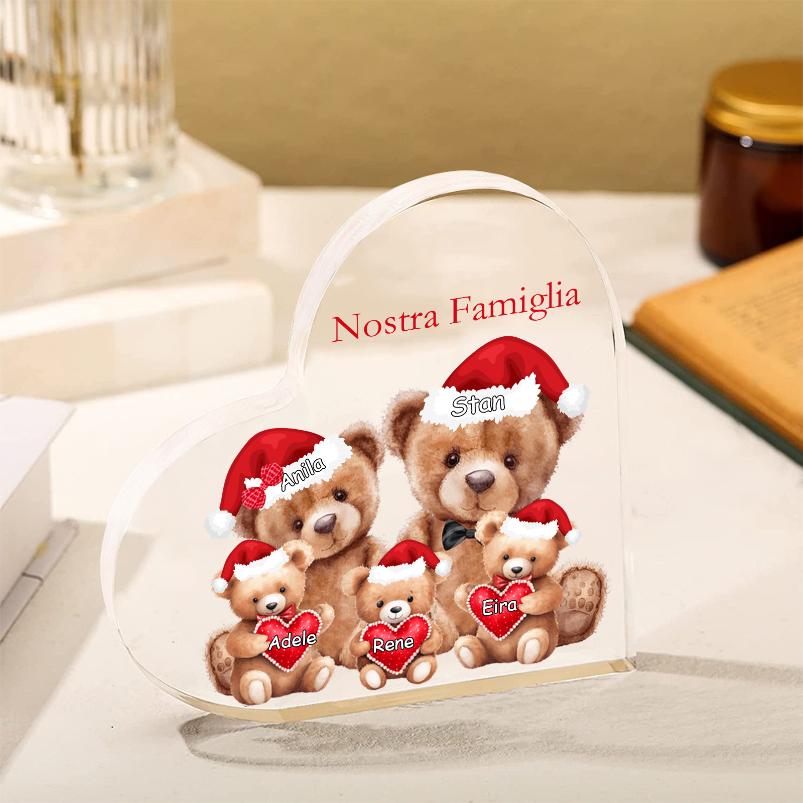 Nostra Famiglia Decorazione cuore acrilica con orsacchiotto Natale con 5 nomi e 1 testo personalizzati regalo per Natale